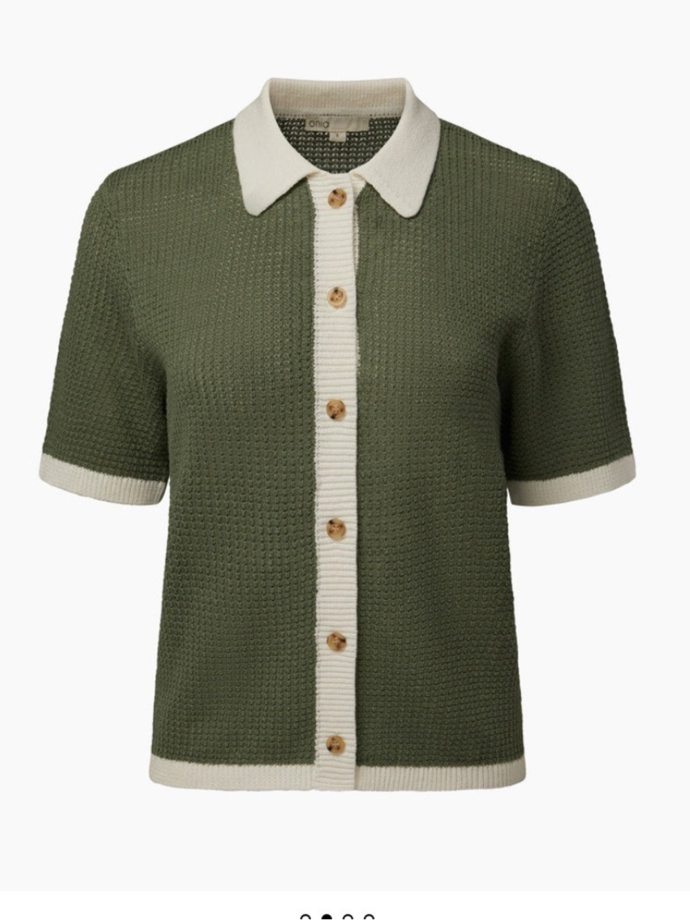 Onia Green Textured Linen Knit Button Front Polo Top Cream Collar Medium